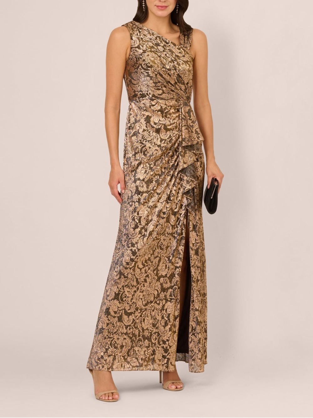 NWT Adrianna Papell Sleeveless Asymmetrical Damask Metallic Gown Chocolate Sz 4